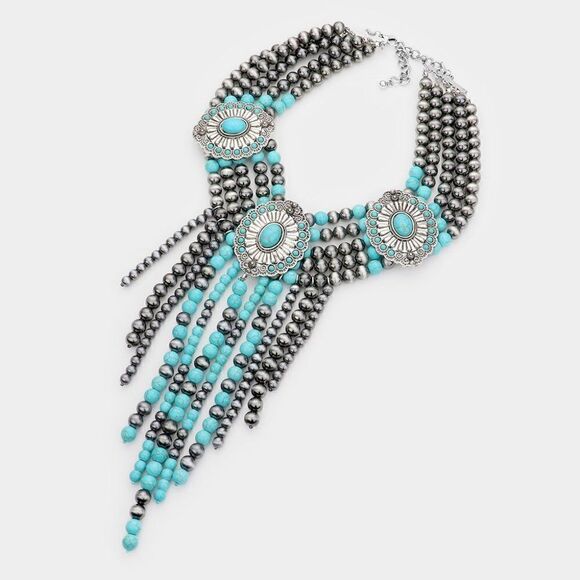 Squash Blossom Natural Stone Accented Layered Fringe Bib Necklace Set - Picture 2 of 10